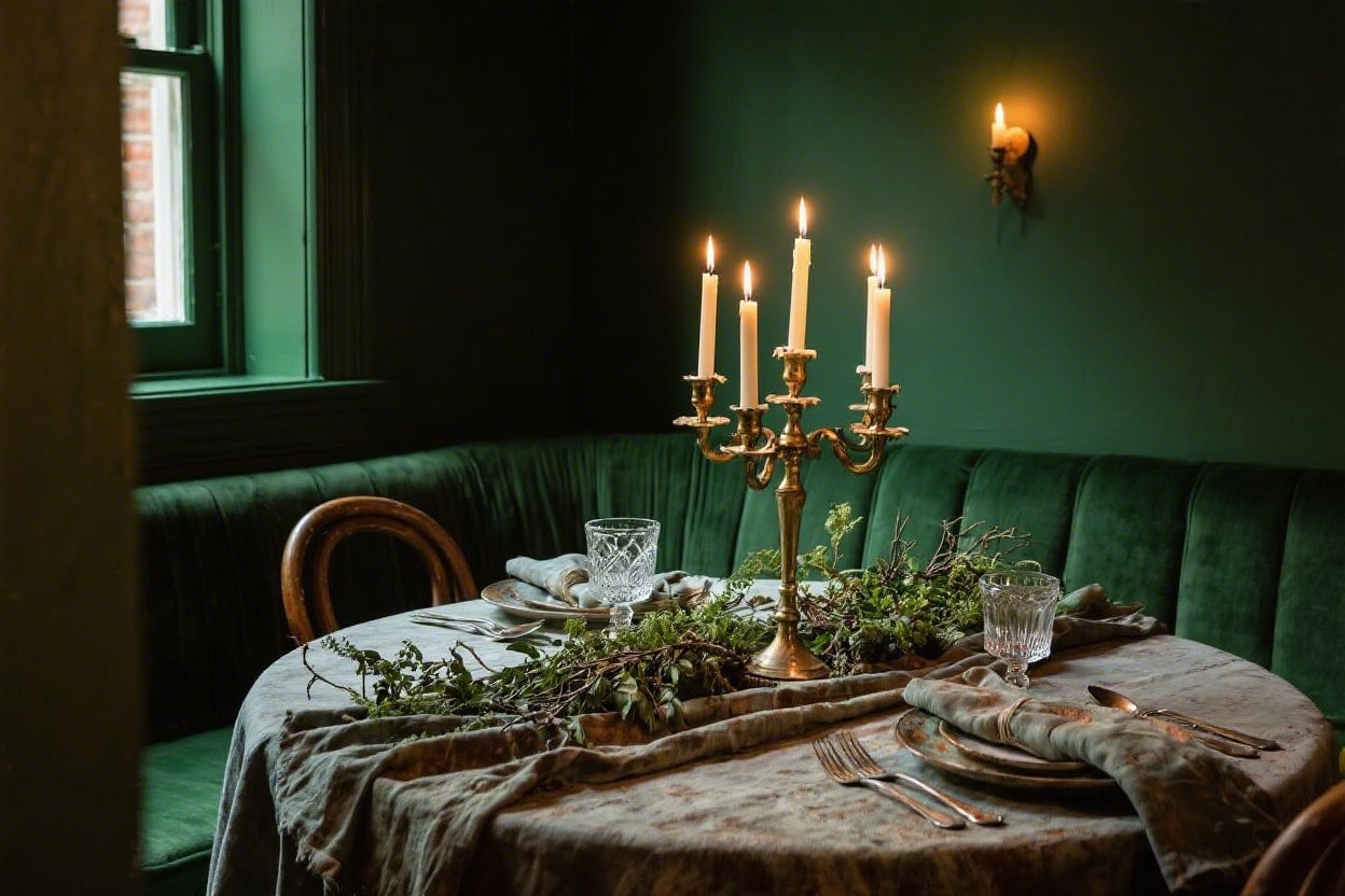7 Moody Green Backdrops, Candlelight, Vintage Brass, Layered Table Styling Ideas