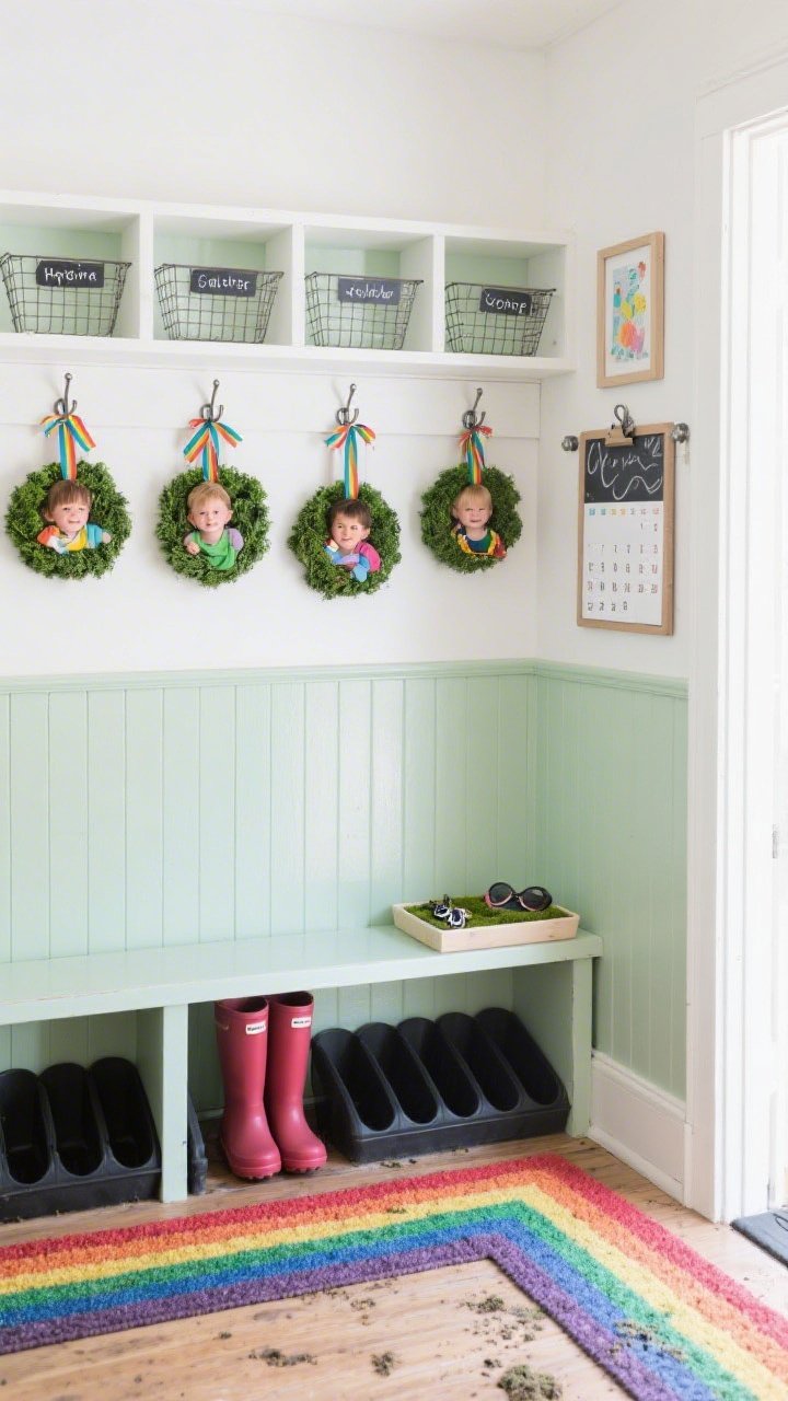 Functional kids’ mudroom, wide corner angle capturing storage and playfulness: glossy, wipeable pale sage beadboard up to chair rail with crisp white walls above; four cubbies with labeled wire baskets; a bench with rubber boot trays tucked underneath; over the bench, enamel utility hooks hold a row of mini emerald wreaths on ribbons—one per child as visual dividers; on the floor, a tough rainbow welcome mat layered over a charcoal runner to catch dirt; wall details include a chalkboard calendar and a wall-mounted clip rail for artwork; a skinny console for drop zone topped with a shallow tray lined in faux moss for keys and sunglasses; bright, practical daylight; photorealistic, no people.