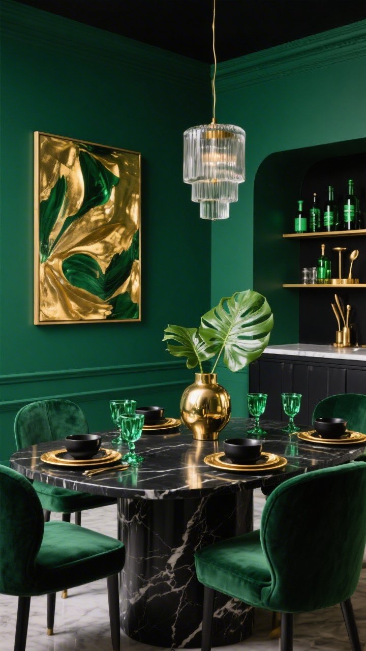 High-contrast wide shot, dramatic straight-on: Deep emerald-painted walls surrounding a dining space with a black marble-topped table and emerald velvet chairs with sculptural backs. A large gold-on-green abstract art piece delivers edgy energy. The table is set with black stoneware, brilliant gold chargers, and emerald cut-crystal goblets. A sculptural gold vase holds glossy monstera leaves. A smoked-glass chandelier provides a moody glow. Slim black-and-gold bar shelf with green bottles and brass tools in the background. Textures of velvet, marble, smoked glass, and metallic leaf; bold, photorealistic drama.