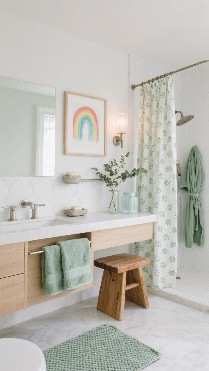 Medium bathroom shot, straight-on to vanity and shower: white zellige tiles, brushed nickel fixtures, pale oak vanity; layered sage green towels, waffle bath mat, and a shower curtain with a faint shamrock weave that reads as texture; small framed muted rainbow watercolor above the towel bar in sea-glass hues; accessories include a stone soap dish, eucalyptus stems in a clear cylinder vase, and ribbed glass canisters; frosted sconces emitting spa-like, diffused glow; cedar bath stool and a sage robe on a hook; tranquil, luxury spa mood, photorealistic.