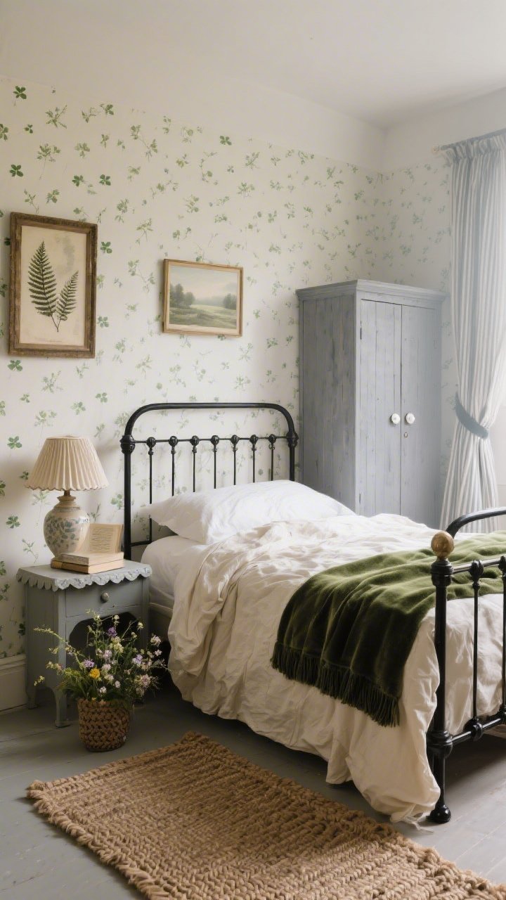 Medium bedroom shot, straight-on to the bed for “The Poet’s Bedroom Retreat”: matte black iron bed frame with crumpled ecru linen bedding and a moss velvet throw folded at the foot; shamrock-and-cream tiny sprig-pattern wallpaper; a scallop-edge nightstand with a ceramic lamp topped by a pleated shade, a small poetry book, and a wildflower posy; braided jute rug underfoot; floor-length ticking stripe curtains tied back with velvet ribbon; painted pine armoire in fog grey with porcelain knobs; pressed fern frames and an antique landscape print on the wall; soft misty morning light, hushed and romantic, photorealistic.