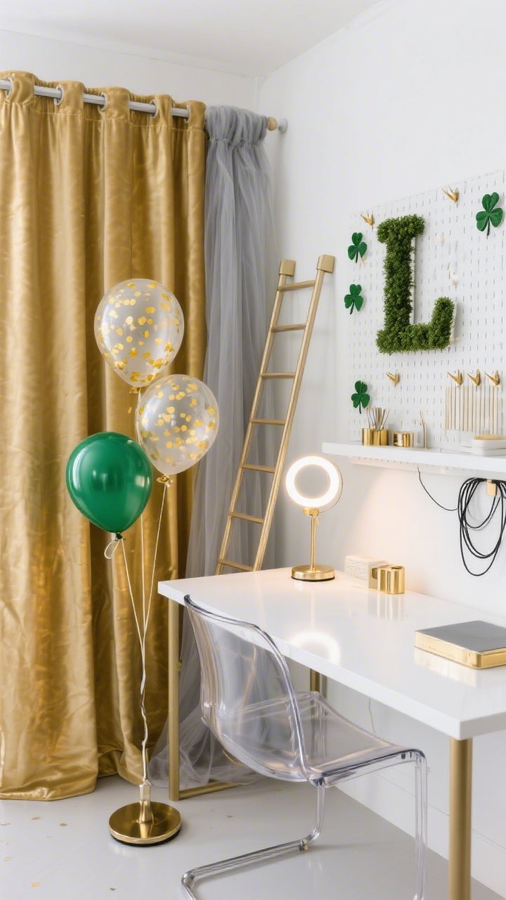 Medium, clean photorealistic Studio-Chic Home Office Set: white desk with gold desk accessories, acrylic chair, pegboard or grid board organizer with clover clips on the wall. Behind the desk, gold foil curtains mounted on a tension rod; soft gray tulle is angled across one corner to diffuse shine and add depth. A tidy balloon column beside a floor lamp: kelly green, chrome gold, and a couple of transparent balloons with gold confetti. Ladder shelf with a faux boxwood letter “L” and neatly managed cables. Even, polished lighting with a small ring light on the desk creating gentle diffusion; palette white, gray, kelly green, chrome gold.
