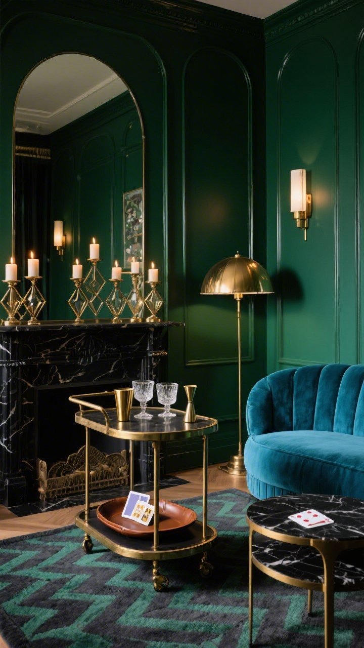 Medium corner angle, Art-Deco-Inspired Cocktail Parlor: inky juniper green walls with subtly glossy trim; rounded velvet sofa in peacock blue; fluted vintage brass bar cart styled with a leather tray, cut-crystal coupes, brass jigger, and an artful deck of cards; smoked mirror over the mantle reflecting candlelight; geometric brass hurricanes casting patterned shadows; low-pile geometric rug in charcoal and emerald; black marble side tables with slender brass frames; arched floor lamp with antique brass dome shade; dimmed sconces; glamorous yet warm; photorealistic.