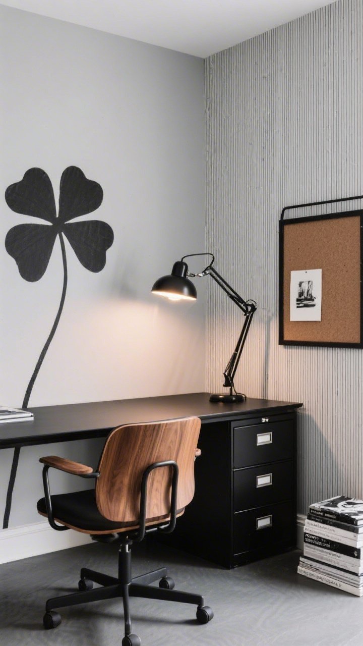 Medium, corner-angle home office showcasing black-and-white thin pinstripe temporary wallpaper on the main wall. A crisp black desk is set against a soft-gray clover mural panel, creating an intentional backdrop. Include a walnut task chair with a curved back, a black arc floor lamp with a warm LED bulb, a cork pinboard framed in black metal, a sleek black filing cabinet tucked to the side, and a small stack of monochrome art books. High-contrast, clean, focused mood with controlled, warm task lighting.