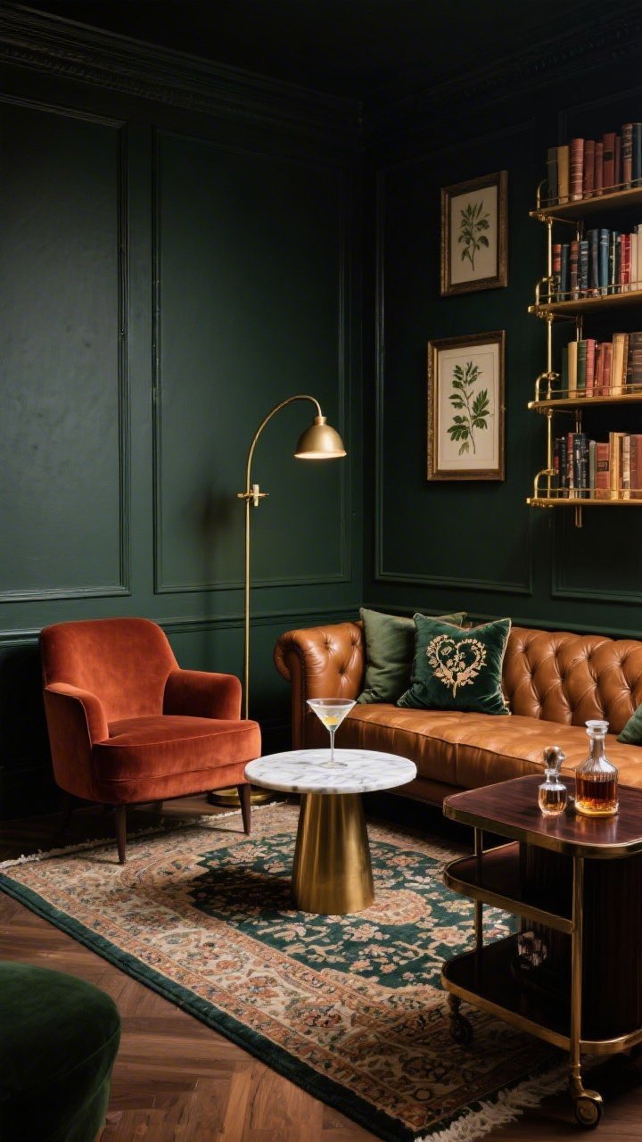 Medium corner angle of a Moody Library Lounge with walls and built-ins painted deep ink green/charcoal. A tufted cognac leather sofa faces a pair of velvet club chairs in rust or forest, all grounded by a Persian-style rug. Brass-accented shelves stacked with books line the wall. A pharmacy floor lamp arcs over a small marble martini table set beside the sofa. Add embroidered velvet pillows and framed botanicals for old-world polish, plus a dark wood bar cart with a decanter set. Low, moody lighting with warm highlights on burnished brass. Photorealistic, cozy-cocoon ambiance.