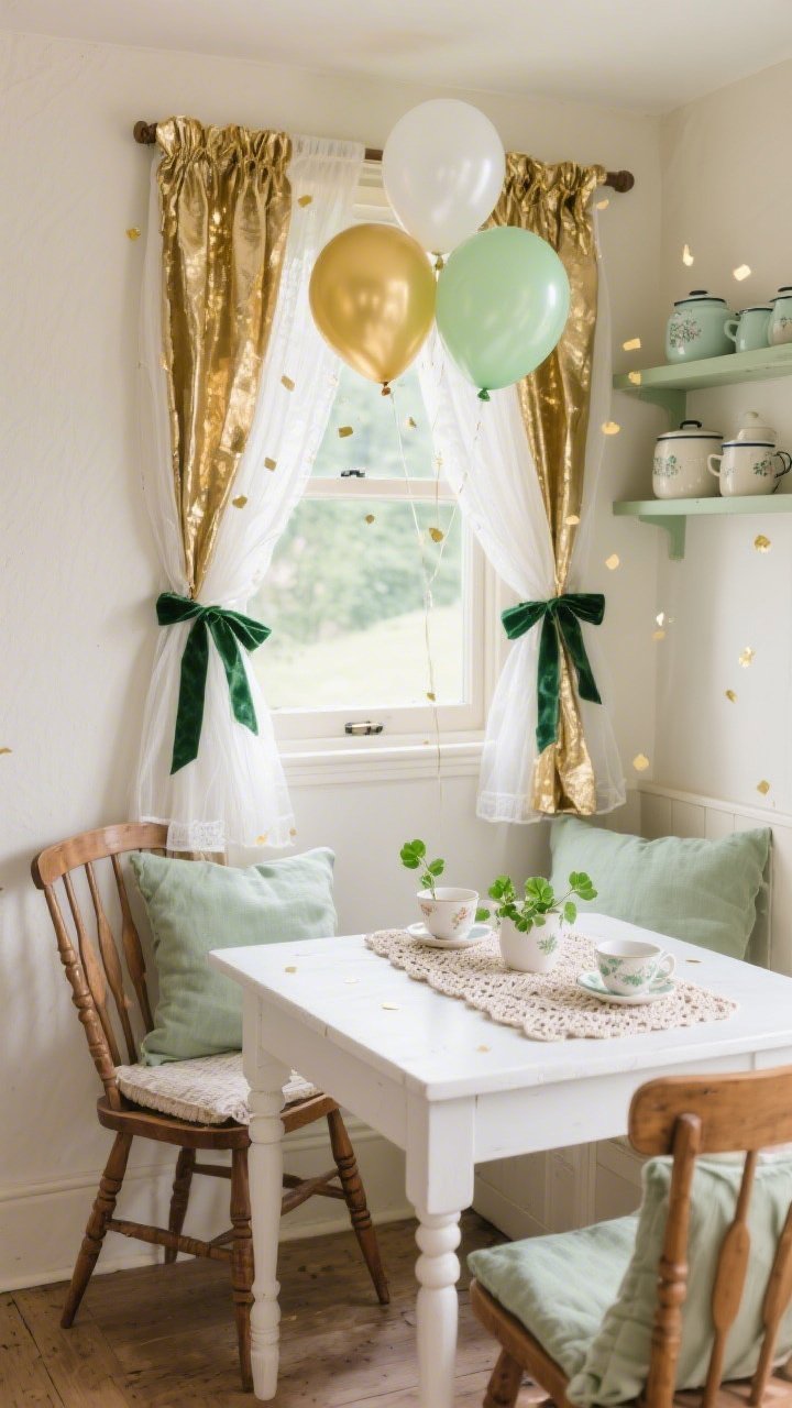 Medium, corner-angle photorealistic shot of a Cottage-Core Kitchen Nook: a simple white bistro table with mismatched wooden spindle-back chairs, linen cushions in soft sage. Backdrop shows gold foil curtains peeking through two panels of sheer white tulle tied back with green velvet ribbons. A mini balloon arch above the window in pastel greens, pearl whites, and a couple of subtle gold confetti balloons. Crochet table runner, vintage teacups filled with clover sprigs on the table; open shelf with enamelware in the background. Soft morning natural light, airy and romantic mood. Palette sage, cream, warm wood, gold.