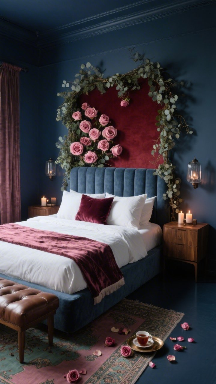 Medium, corner-angle photorealistic shot of a moody bedroom cocoon: inky indigo walls, low-profile upholstered linen platform bed with crisp white bedding, velvet euro shams, and a Persian-style runner at the foot; above the headboard, a deep red and dusty-pink rose backdrop with eucalyptus garlands trailing down both sides like living curtains; walnut nightstands with battery candles and smoky glass sconces providing flickering candlelit ambiance; leather bench at the foot of the bed; include a tray with tea and scattered rose petals for a boudoir vibe; palette indigo, merlot, dusty pink, sage.