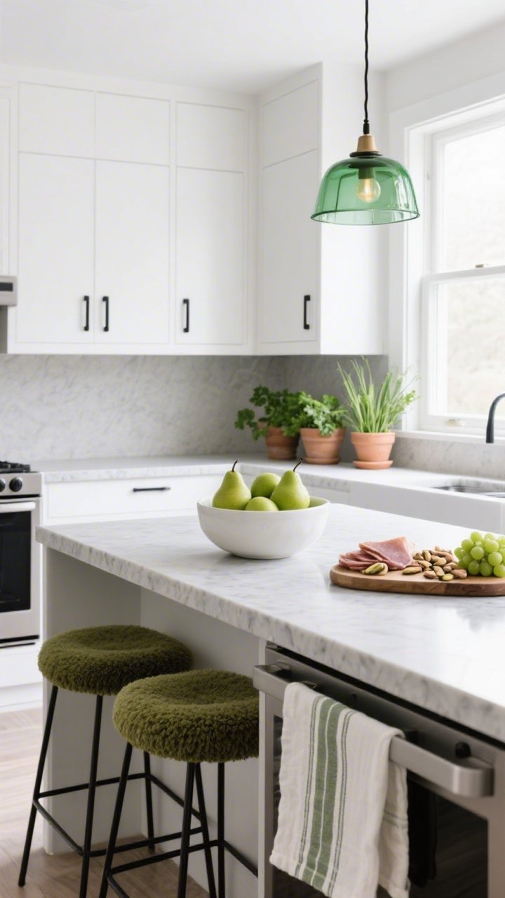 Medium kitchen island view with side angle, bright natural light: flat-front white cabinets, concrete-look quartz counters, slim matte black pulls; white ceramic fruit bowl filled with green pears on the island; window sill lined with potted herbs—parsley, mint, chives—in unglazed clay pots; linen tea towels in chalk white with sage pinstripes draped over the oven handle; barstool cushions in moss-colored bouclé; a single green-tinted glass pendant glowing softly over the island. Palette: white, concrete gray, black, moss, natural clay. Include a casual charcuterie board with pistachios and green grapes. Photorealistic, clean and modern.