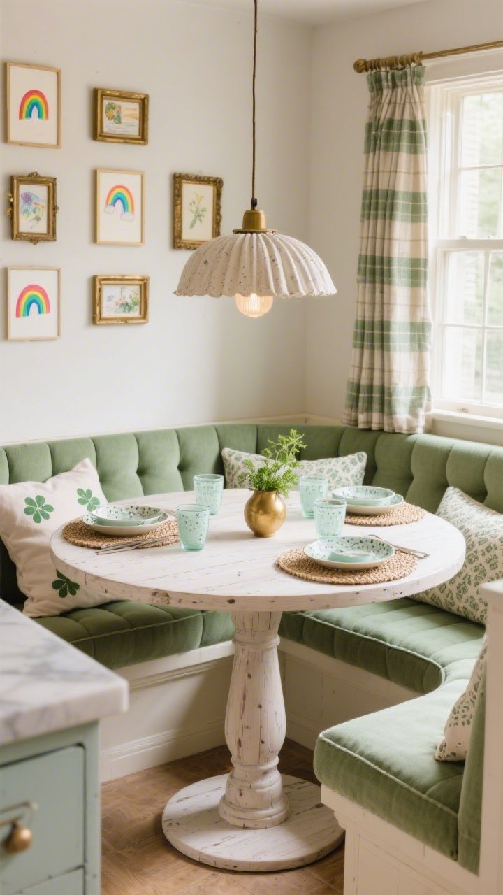 Medium kitchen nook shot from a side angle: round whitewashed oak pedestal table embraced by a built-in banquette in sage green performance fabric with light tufting; wall gallery of small muted rainbow sketches in antique brass frames arranged like collected postcards; linen cushions with barely raised shamrock jacquard; pleated linen pendant pooling a warm spotlight over the tabletop; speckled stoneware place settings, pale mint glass tumblers, petite brass vase with fresh herbs; plaid cafe curtains and woven placemats; cozy breakfast mood, photorealistic.