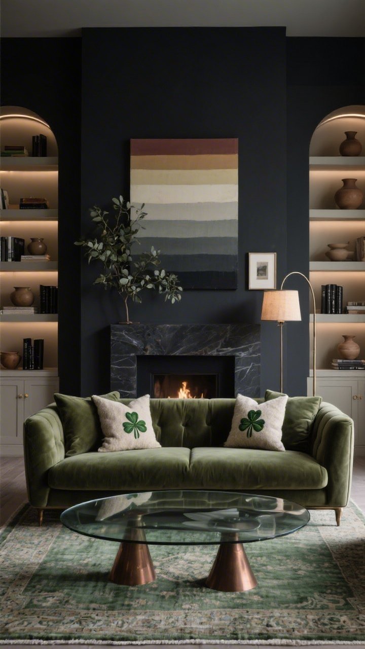 Medium living room shot, straight-on to mantel: deep charcoal wall behind a structured sage velvet sofa; greige built-in shelves with curved edges holding earthy ceramics and matte-black bookends; a large almost-monochrome muted rainbow canvas (slate, taupe, eucalyptus) above the mantel; wool throw pillows with shamrock embroidery one shade lighter than the fabric; smoked glass coffee table on a bronze base; picture lights over shelves and an arc floor lamp with parchment shade; grounded by a low-pile Persian-style rug in desaturated greens; moody, sophisticated evening ambience with soft pool lighting, photorealistic.