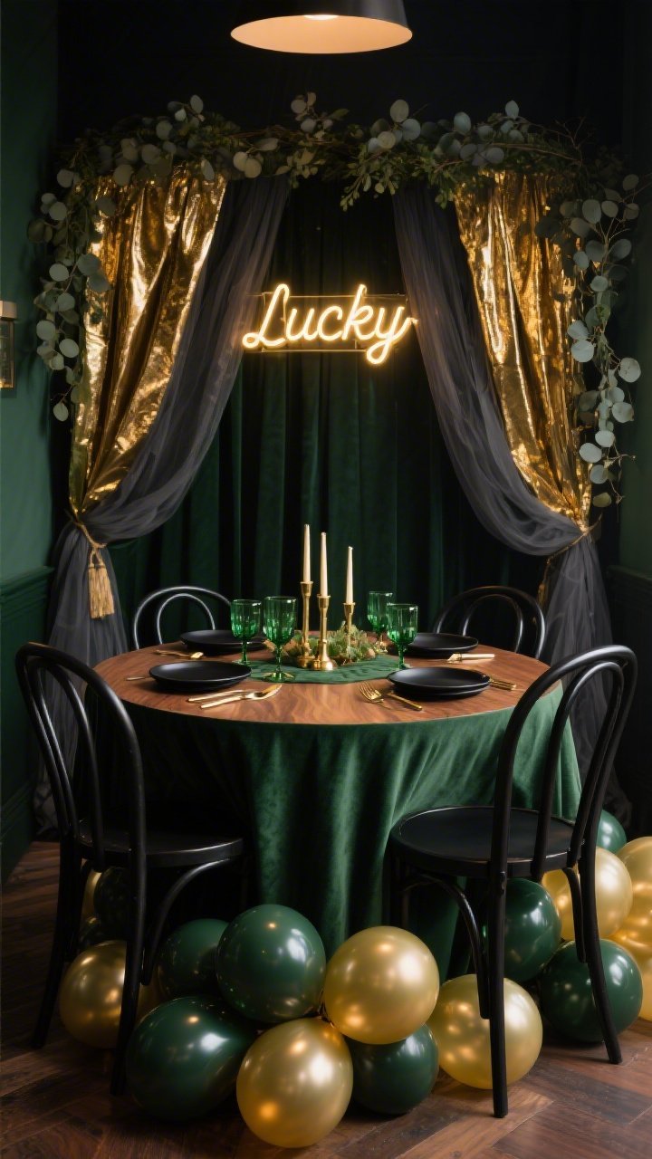 Medium, moody photorealistic dining vignette for a Speakeasy-Inspired Dining Room: round walnut-toned table with black bentwood chairs, deep green velvet table runner. Backdrop behind the head seat features gold foil curtains overlapped with charcoal tulle for a smoky sheen, edged with eucalyptus garlands. Balloons are sophisticated: metallic gold and dark green clusters gathered low near the floor like champagne bubbles. A neon “Lucky” sign centered on the backdrop glows softly. Table styling includes black plates, gold flatware, emerald glassware, and brass taper holders. Dim, intimate lighting with warm highlights and soft shadows; palette deep green, charcoal, walnut, gold.
