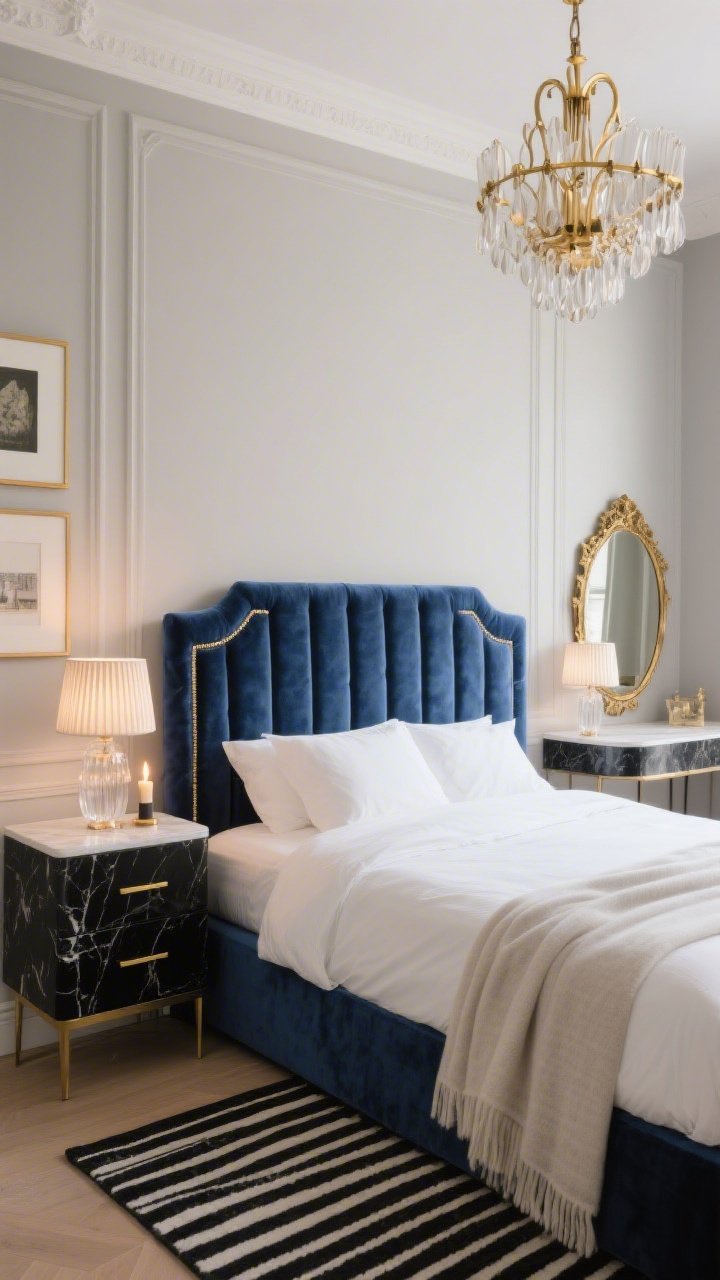 Medium shot, angled from the foot of the bed, Modern Parisian Bedroom with soft greige walls and peel-and-stick picture frame molding. Feature a channel-tufted velvet headboard in midnight blue, framed by black marble nightstands with slim brass pulls. Overhead, a sculptural brass chandelier; on nightstands, fluted glass lamps emitting warm candlelight glow. Bed dressed in crisp white percale and a lightweight cashmere throw. A sleek console-turned-vanity with an antique-gold mirror above, and a black-and-cream stripe rug grounding the scene. Palette: greige, midnight blue, black, brushed brass. Photorealistic, refined and romantic.