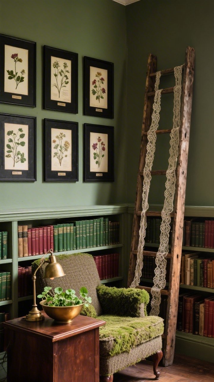 Medium shot, corner angle: A cozy library nook with a low bookcase stacked with green-spined volumes and worn leather tomes. Above, pressed floral herbarium sheets in narrow black frames are labeled in neat vintage script and arranged salon-style. An old wooden ladder leans against the wall with lace runners draped over several rungs. A mossy tweed club chair sits beside a mahogany side table holding a brass bowl with fresh clover cuttings and a classic banker’s lamp casting warm task light. Color palette: forest, oxblood, parchment, black. Textures: tweed, lace, worn leather, aged wood, brass. Warm, intimate lighting with soft shadows. Photorealistic, no people.