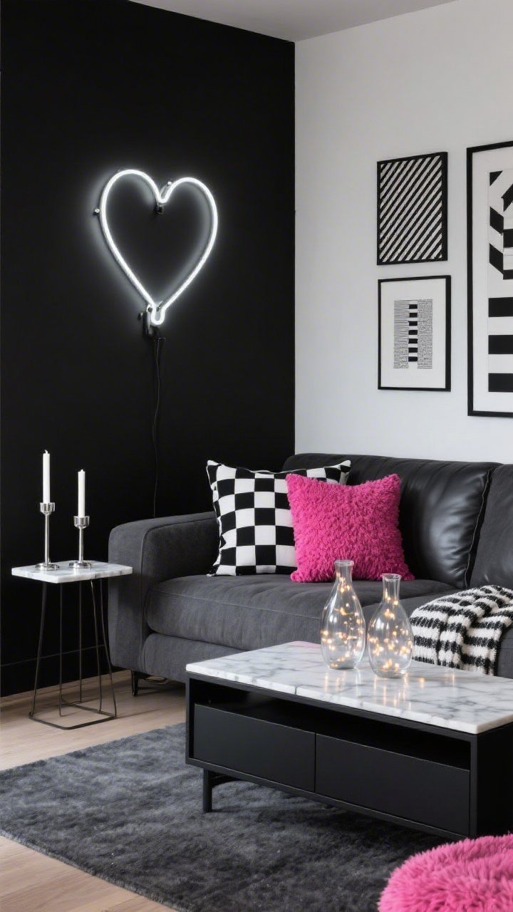 Medium shot from a corner angle: A charcoal sectional anchored against a matte-black accent wall featuring a glowing neon heart light; black-and-white geometric pillows with one or two hot-pink accent cushions for contrast; sleek low-profile black media console and a small marble-topped side table with chrome candleholders; clear glass vases on the console filled with micro string lights for a soft counter-glow; graphic prints and a striped throw; palette of black, white, graphite, and hot pink; textures of bouclé, smooth leather, and cool marble; photorealistic, bold high-contrast mood.
