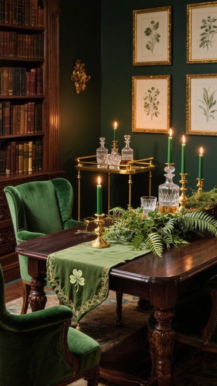 Medium shot from a corner angle: A moody library-turned-dining room with deep green velvet wingback chairs around a dark walnut table. A gilded bar cart glows in the corner, topped with crystal decanters and cut-glass tumblers. The table is layered with a moss-colored linen runner embroidered with a delicate clover motif, vintage-style gold candlesticks with forest green tapers, and a cascade of ferns and trailing ivy. Antique gold accents, carved wood, velvet, linen, and crystal textures prominent. Framed botanical etchings with gold fillets on the wall. Warm candlelit ambiance.