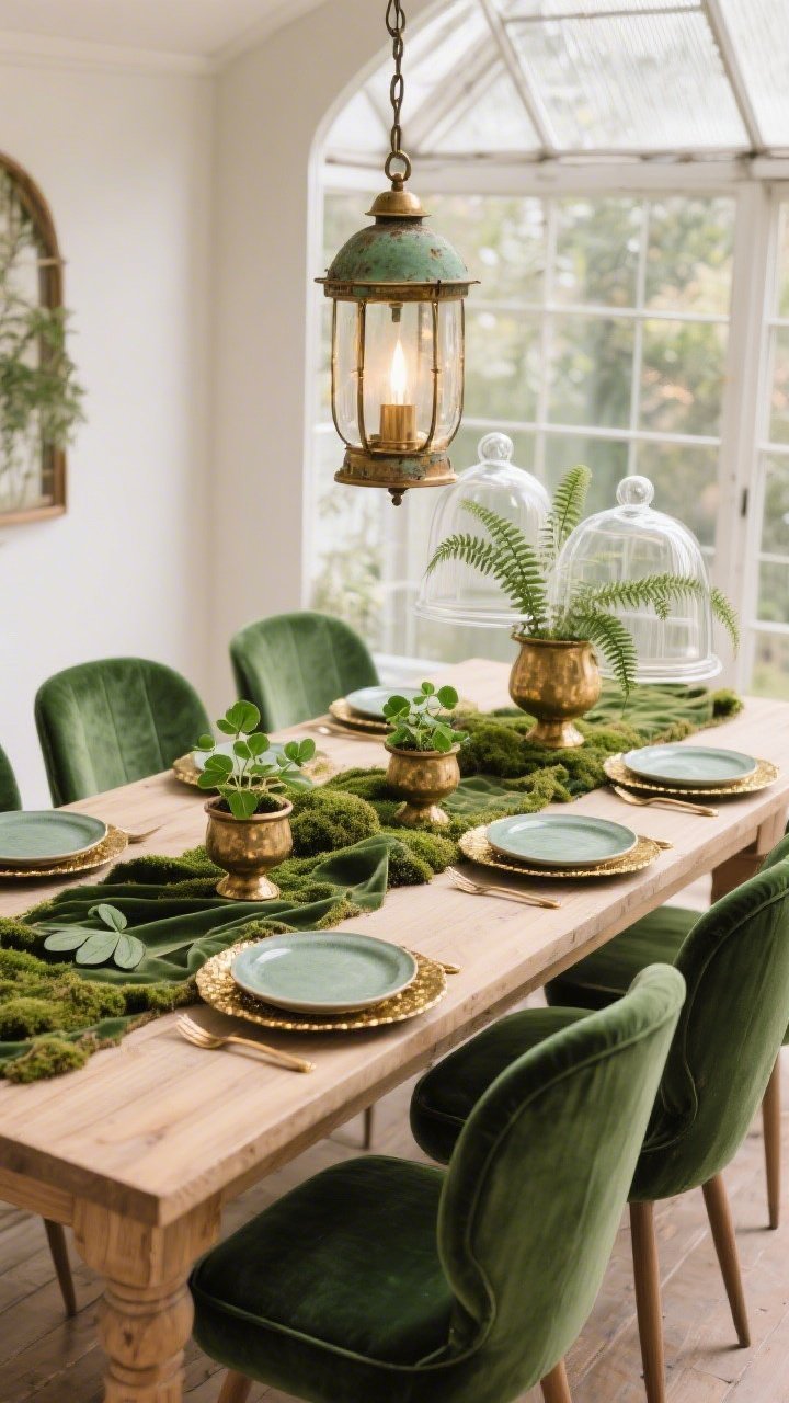 Medium shot, greenhouse feel with soft daylight: A light oak dining table paired with emerald velvet side chairs in a softly rounded silhouette. Overhead hangs an aged brass lantern fixture casting a warm, greenhouse glow. The table is styled with a leafy velvet runner, moss-filled compotes, and small potted shamrock plants. Matte sage stoneware plates sit atop gold chargers with hammered-brass napkin rings. A cluster of glass cloches over tiny fern fronds accents the scene. Textures of velvet, stoneware, moss, and patina brass; palette of emerald, sage, oak, aged brass.
