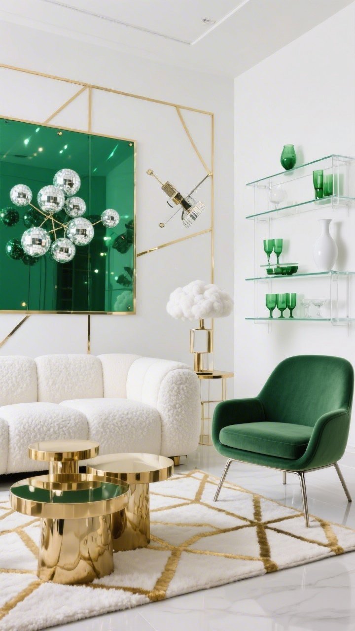 Medium shot, modern glam living room: glossy white wall upgraded with a metallic green acrylic backdrop framed by thin gold geometric lines, with a satellite cluster of mini disco balls. Furnishings include a cloud-white modular sofa, polished gold nesting tables, and a hunter green accent chair with sleek metal legs. A white-and-gold geometric rug grounds the scene; clear acrylic shelves display green-tinted glassware and sculptural white vases. High-gloss, polished metal, boucle, and glass textures; bright, crisp lighting with subtle disco sparkle adding motion. Photorealistic, three-quarter angle.