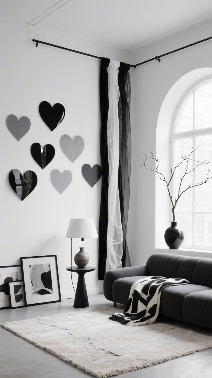 Medium shot, modern minimal loft in monochrome: matte white walls with a loose grid of oversized paper hearts in glossy black and dove gray; long organza and velvet ribbons in alternating black and white stream from a simple rod for an architectural backdrop; a low-profile charcoal sectional on a pale wool rug faces an arched floor lamp and a pedestal side table; minimal decor with ceramic vessels, a graphic throw, and matte black frames with abstract prints; a single tall branch in a black vase as the only floral; crisp daylight through large windows, photorealistic, corner angle emphasizing graphic contrast.