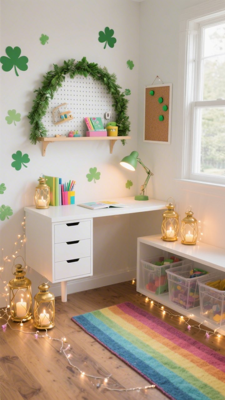 Medium shot of a kids’ study nook, slight overhead angle: floating white desk with drawers, pegboard organizer above; petite green garland arch outlining the workspace like a storybook portal; shamrock wall decals sprinkled in a rising gradient—dense near desktop, fading upward; rainbow runner rug defining the sit-and-study lane on a wood floor; corner trio of gold lanterns filled with battery tea candles and fairy string lights for a magical glow; acrylic bins, cork board with green pins, cheerful task lamp; bright, clean daylight with warm accent lighting from lanterns; photorealistic.