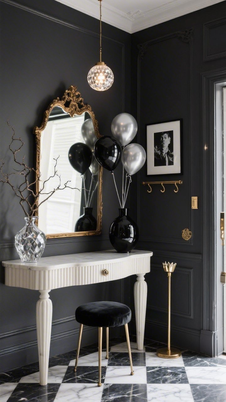 Medium shot of a neo-Parisian entryway from a low corner angle: moody charcoal walls with glossy trim, checkerboard marble floor tiles. A giant antique mirror leaning dramatically reflects a single-globe pendant that creates a theater-like spotlight on the scene. Slender fluted console with a faceted crystal knob glinting (unexpected sparkle); mercury-glass umbrella stand nearby. Petite velvet stool tucked under console; slim brass coat rack to the side. Small-scale helium balloon cluster in silver and black floats above the console like art. Add framed black-and-white photograph and a sculptural branch in a glossy black vase. Palette: charcoal, bone white, antique brass, inky black. Photorealistic.