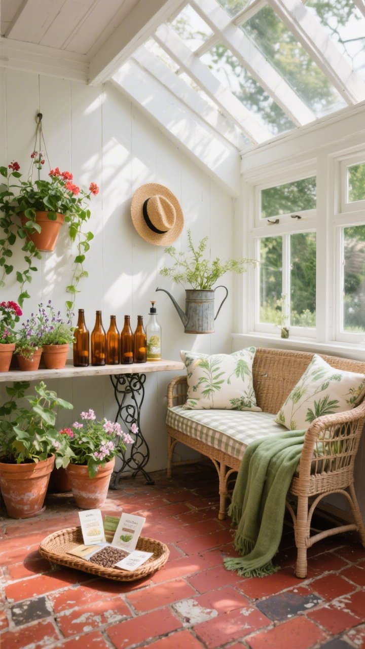 Medium shot of the “Sunroom Conservatory Nook” from a low corner angle: painted brick floor in weathered red; clusters of terracotta pots with ivy, geraniums, and sweet peas; white-painted rafters; a vintage rattan settee with cushions in botanical prints and soft checks, draped with a meadow-green throw; a narrow table displaying a row of amber glass bottles catching sunlight; wicker tray with seed packets and a misting bottle; iron plant stand, weathered watering can, and a straw hat on a peg; dappled natural daylight streaming through windows, photorealistic.