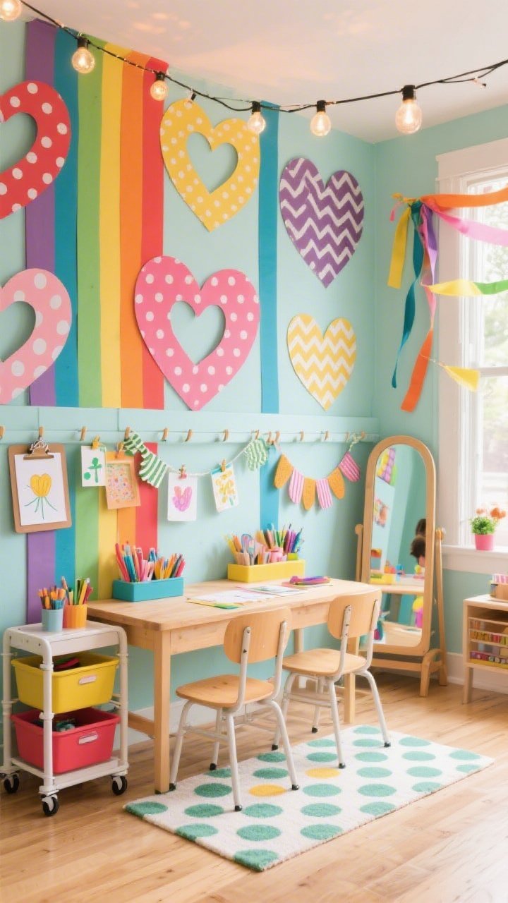 Medium shot, playful kids’ craft nook turned photo studio: a riotous backdrop of oversized paper hearts in rainbow brights, each with different cutout patterns—polka dots, scallops, zigzags; thick grosgrain ribbons run vertically like stripes, fixed to a painted peg rail; child-height craft table with rolling storage carts of supplies, lightweight chairs on a polka-dot rug; washi tape frames, felt garlands, and clipboards displaying masterpieces; café string lights overhead for sparkle; a floor mirror off to the side reflecting fluttering ribbons; sunny, cheerful lighting, photorealistic, corner angle.