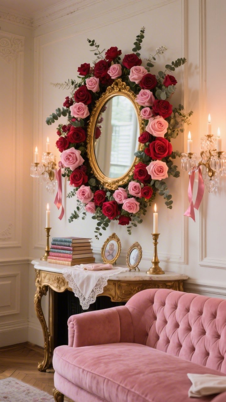 Medium shot, slightly angled corner view: A Parisian salon vignette with cream wall paneling, an oval gilded mirror centered above a console table, and a tufted rose-pink velvet settee nearby. The floral backdrop forms a sculptural “mantel” over the console, framing the gilt mirror with lush red, raspberry, and ballet-pink garden roses woven through thick seeded and spiral eucalyptus in an elegant smile shape. Antique brass candleholders with tapered candles flank a stack of art books; crystal sconces reflect warm candlelight onto the blooms. Details include silk ribbon tails, petite cameo frames, and lace-trimmed linen napkins. Palette: cream, gold, rose pink, deep red. Photorealistic, romantic evening glow.
