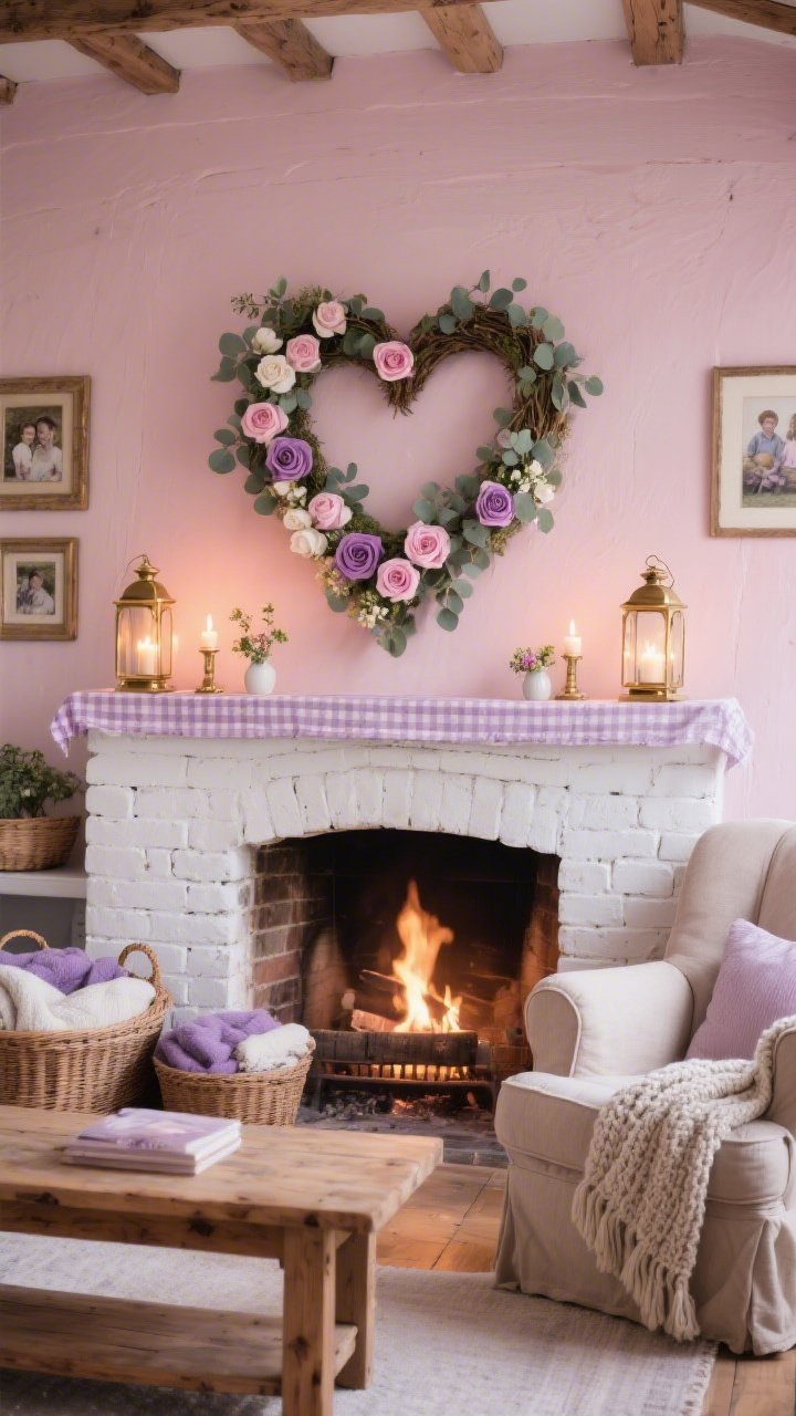 Medium shot, straight-on mantel view: A cozy country cottage hearth with a whitewashed brick fireplace and warm wood coffee table. Centered above the mantel is an oversized heart-shaped eucalyptus and rose wreath in soft pinks, antique whites, and a few lavender roses. The mantel has a gingham runner with tiny bud vases; brass lanterns with flickering flameless candles sit on the hearth. Nearby, an overstuffed slipcovered armchair draped with a chunky knit throw; wicker baskets of blankets and framed family photos add storybook charm. Palette: soft pink, lavender, ivory, warm wood. Photorealistic, warm ambient evening light.