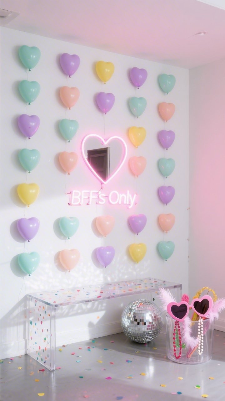 Medium shot, straight-on photo booth corner: Clean white wall covered in a tight grid of low-profile pastel heart balloons (mint, lilac, peach, lemon) creating a modern graphic pattern. Centered neon heart outline with a smaller “BFFs Only” neon just below. A confetti-speckled acrylic bench in front; a disco ball on the floor to the side reflecting speckles. Clear acrylic bin of props: heart sunglasses, feather boas, faux candy necklaces. Bright, punchy lighting with crisp shadows; palette of pastels + white + neon pink. Photorealistic.