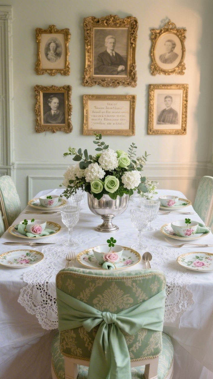 Medium shot, straight-on toward the dining table: A grandmillennial dining room set with a crisp tablecloth under a delicate lace overlay. Place settings feature vintage floral china with rosebuds, ivy trails, and gilded rims; each linen napkin ring holds a tiny clover sprig. Down the center, footed silver bowls hold a garland of white hydrangea, eucalyptus, and green roses beside cut crystal glassware. On the wall, a formal symmetrical arrangement of heavily carved antique frames in soft gold and eggshell display sepia family photos and Irish proverb calligraphy. A pale green brocade chair sash is bow-tied at the chair backs. Color palette: pistachio, ivory, blush, soft gold. Textures: lace, fine china, cut crystal, polished silver. Soft evening light with gentle highlights. Photorealistic, no people.