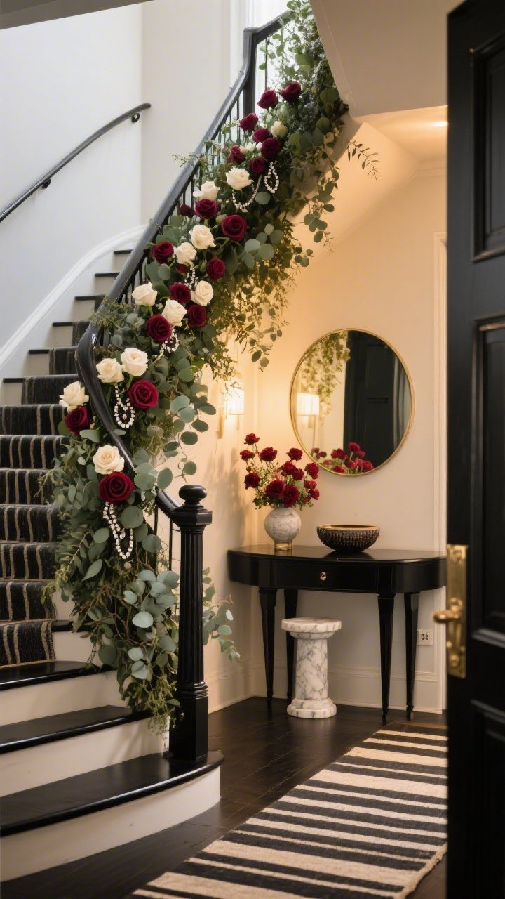 Medium, stair-and-entry photorealistic shot from a slight upward angle: a glam entryway staircase with a dramatic waterfall of eucalyptus cascading along the rail, tucked clusters of ivory and berry-toned roses like jewelry down the banister; at the landing, a compact floral Valentine’s Day backdrop as a photo spot; black console table beneath an oversized round mirror, ceramic catchall and marble pedestal styled on or near the console; a crisp striped runner on the stairs; warm 2700K lighting for a golden, flattering glow; palette black, ivory, berry red, sage.