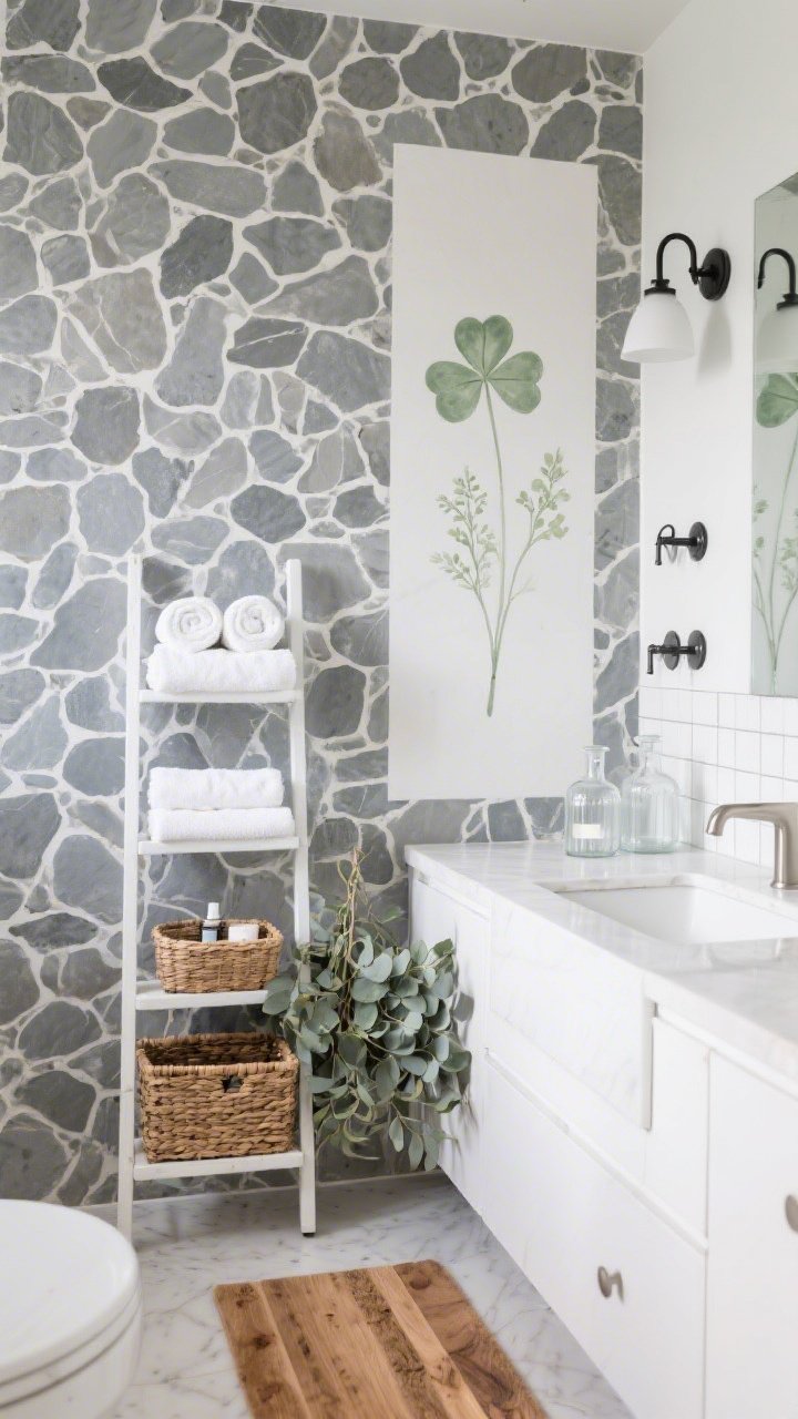 Medium, straight-on bathroom scene with spa-serene vibe: largest non-shower wall covered in stone-gray temporary wallpaper with a micro-slate effect. Between the vanity and towel hooks, a vertical clover mural accent panel adds a soft botanical note. Light fixtures and storage are airy: a white ladder shelf with neatly rolled white towels, rattan baskets for skincare, and frosted-glass apothecary bottles. On the floor, a warm teak bath mat; a fresh eucalyptus bundle adds color. Hardware in brushed nickel or matte black; optional stick-on backsplash tiles visible near vanity. Clean, diffused daylight.