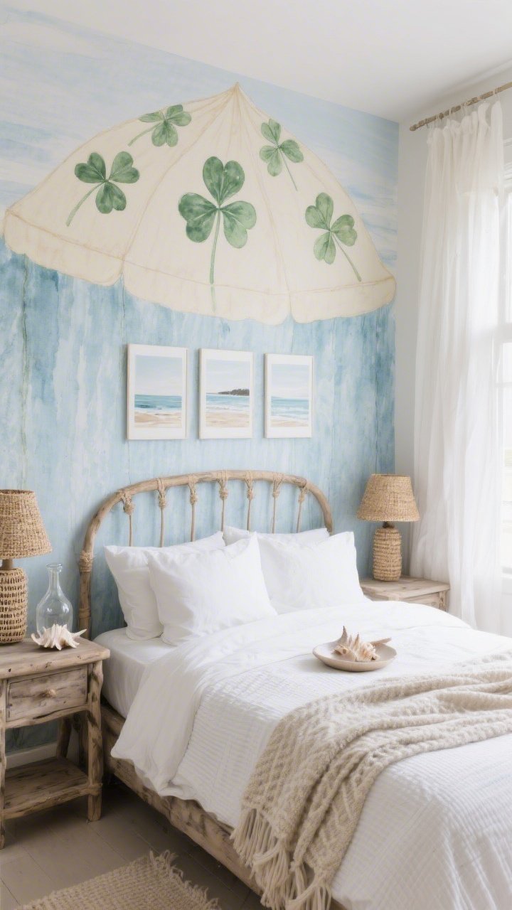 Medium, straight-on bedroom nook focused on the headboard wall: misty sky-blue temporary wallpaper with a watercolor grain, layered with a creamy removable clover mural acting as an oversized canopy behind the bed. Bed dressed in crisp white seersucker duvet, linen shams, and a light woven throw. Driftwood-toned nightstands on either side with woven raffia lamps; gauzy white curtains softly filtering daylight. Accents: a small seashell dish, glass carafe, and a coastal print triptych above or adjacent. Airy, coastal, nap-ready mood.