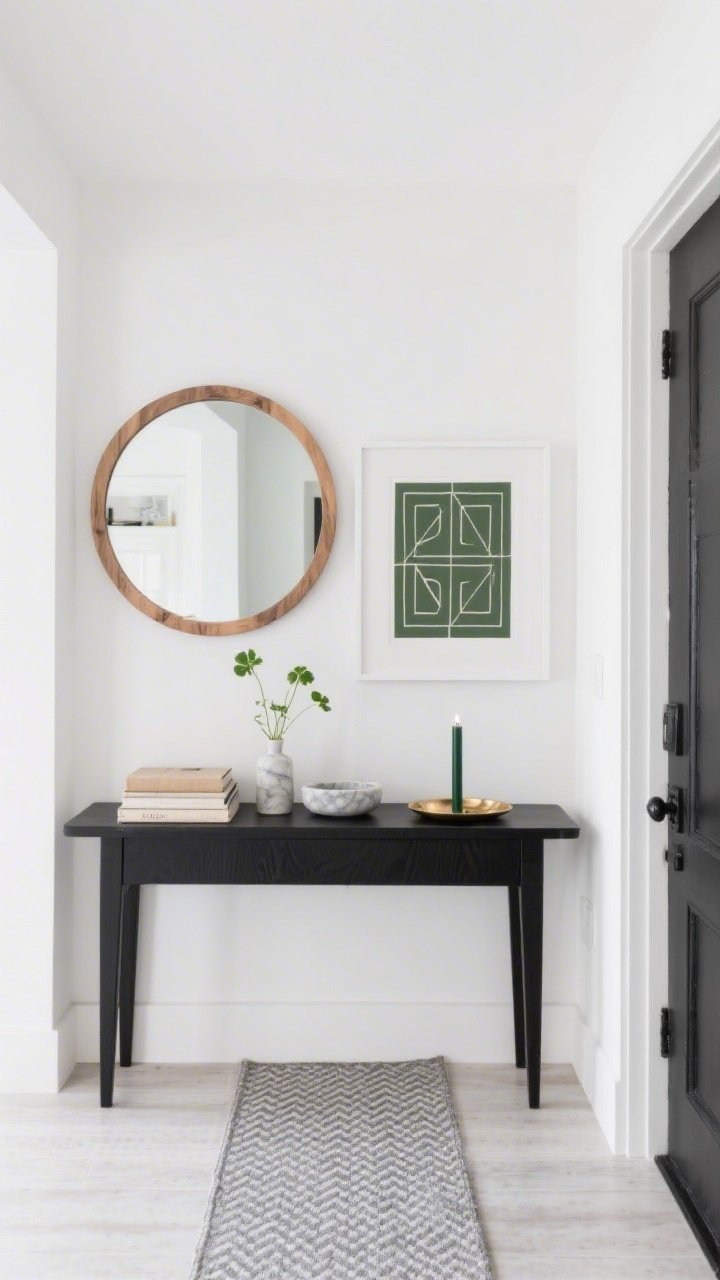 Medium, straight-on entryway view with crisp, even lighting: matte black console against a bright white wall; simple round oak mirror centered above; a sage-toned geometric print in a white frame aligned nearby; stone-gray runner with faint herringbone underfoot; console styled with a stack of neutral books, a marble catchall, a bud vase of clover stems, and a slim brass tray holding a single dark green taper candle. Palette: white, black, pale oak, soft sage, deep green. Optional subtle micro-grid runner pattern to hint at Celtic geometry. Photorealistic, minimal and tailored.