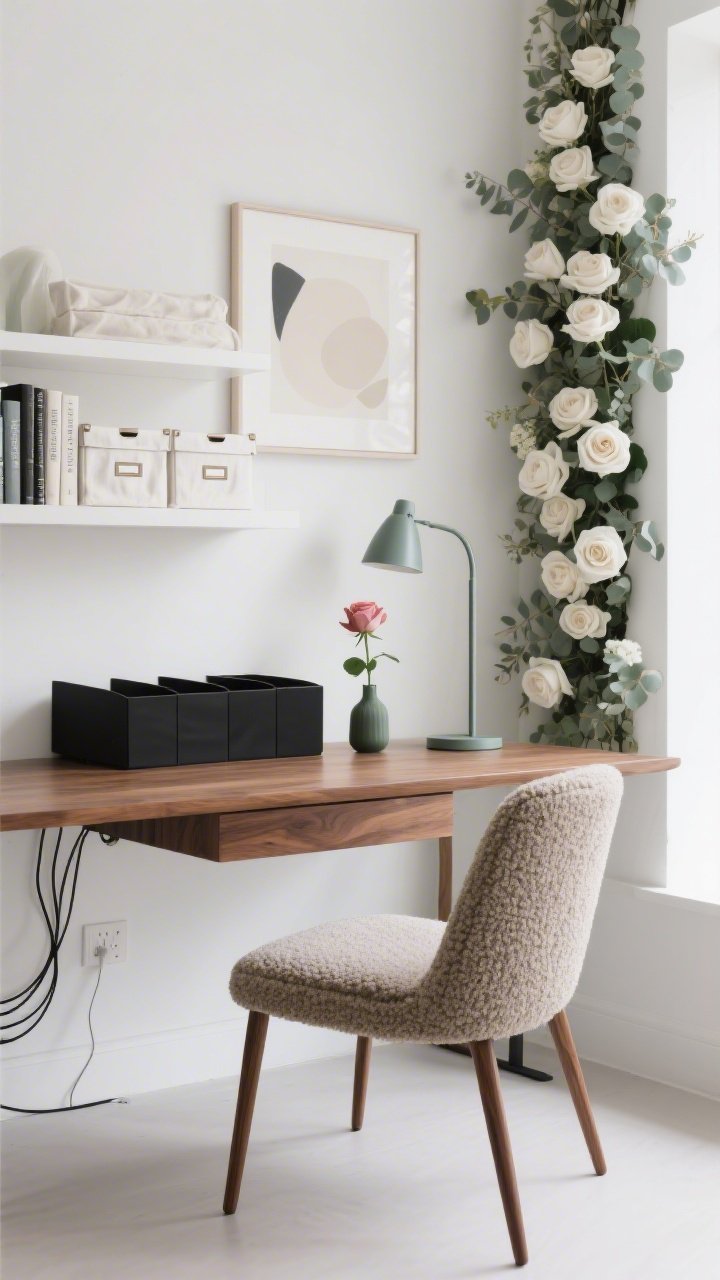 Medium, straight-on photorealistic shot of a minimalist office nook: walnut desk with matte black organizers and hidden cables, boucle desk chair, slim powder-coated task lamp; to one side, a narrow vertical sculptural panel densely composed of white roses and eucalyptus softening the clean lines; a floating shelf with linen storage boxes and labeled spines; one abstract print in soft neutrals on the wall; a single rose in a bud vase on the desk; palette crisp white, walnut, black, sage; bright but gentle workspace lighting for a clean, romantic WFH mood.