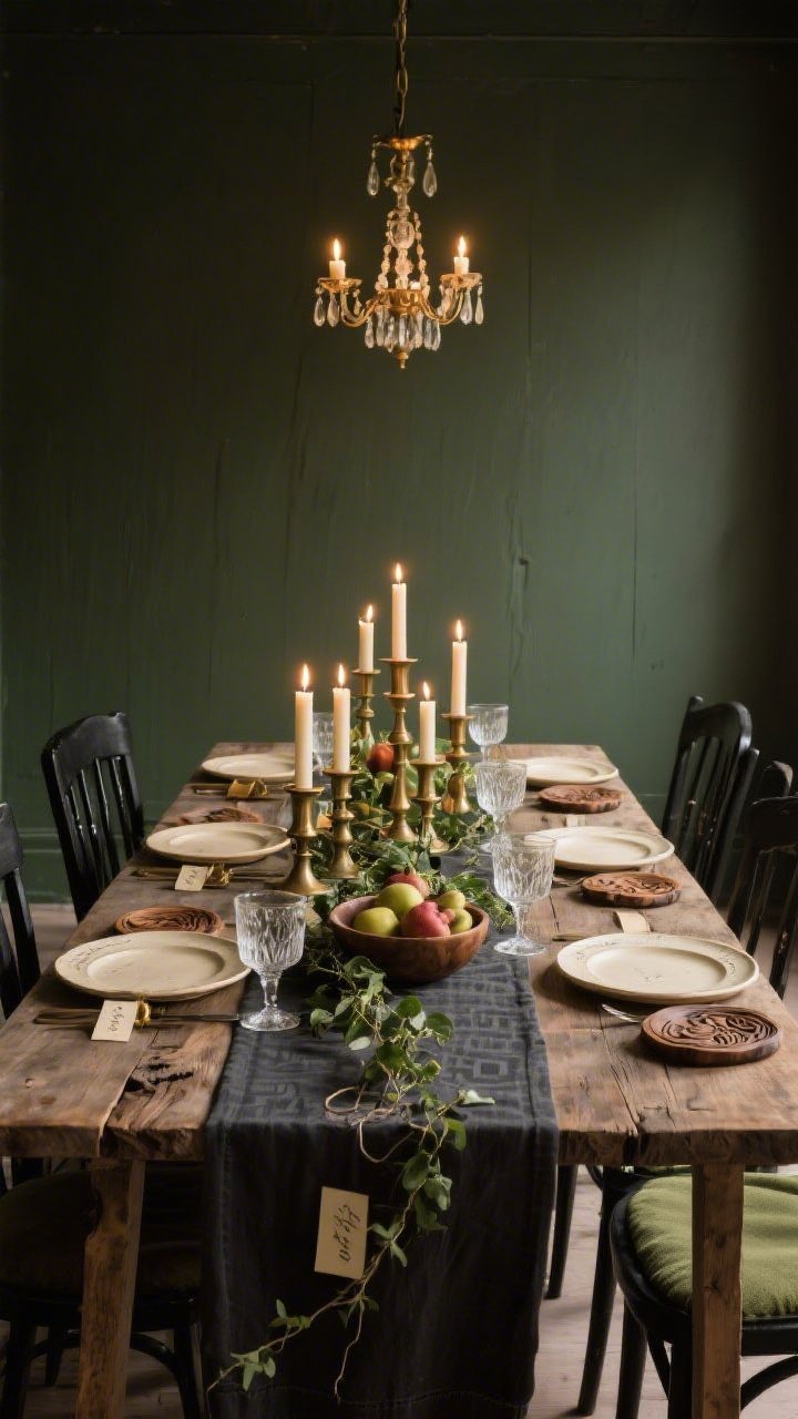 Medium, straight-on view of a Candlelit Dining Salon: moody olive walls; long raw live-edge oak table layered with a dark linen tablecloth and a narrow block-printed runner; off-center cascading arrangement of taper candles in mismatched vintage brass holders; low bowl of fruit and trailing ivy; place settings with carved wood chargers, cream stoneware plates with subtle rim, and etched coupe glasses catching candle flicker; painted black Windsor chairs with moss linen seat cushions; aged-brass chandelier dimmed warm overhead; handwritten place cards tucked into brass napkin rings; romantic, unfussy atmosphere; photorealistic.