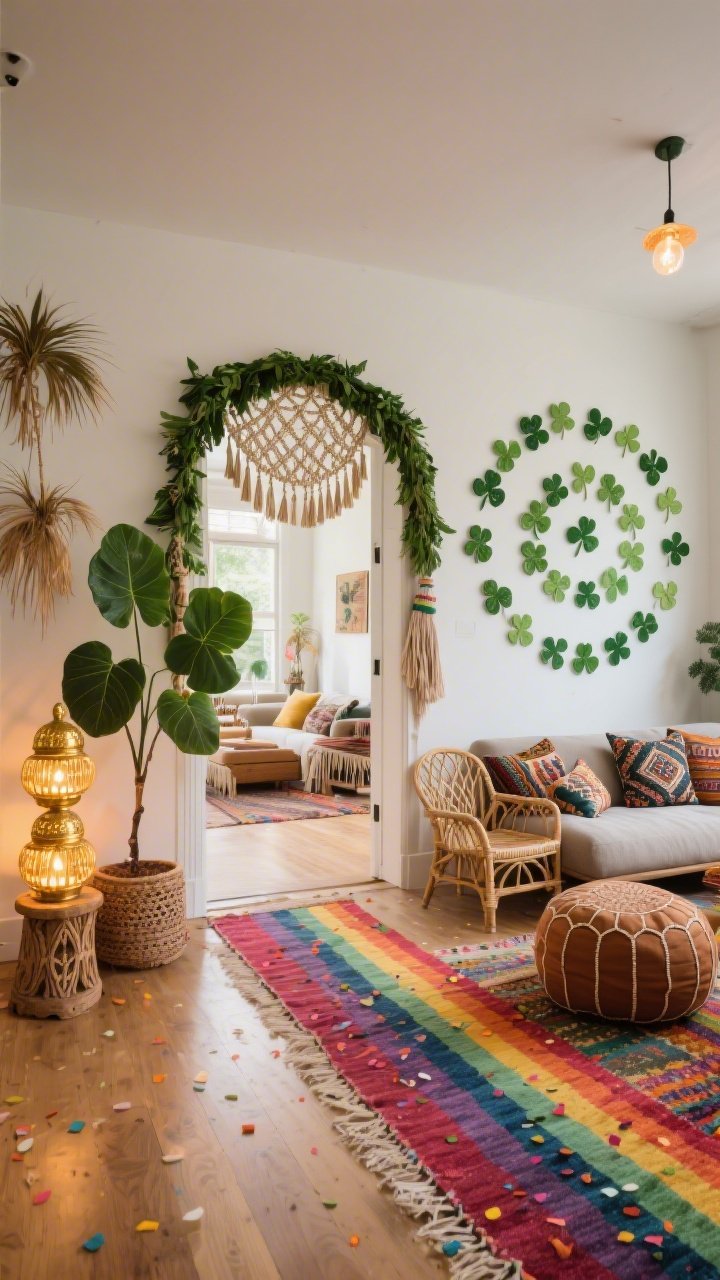 Medium-to-wide open-plan entry-to-living flow, dynamic angle: boho energy with a grand green garland arch at the main opening, woven with macramé tassels and a few dried palms; boldly striped rainbow runner rug leading from entry into the living zone, partially layered over a flat-weave area rug so colors peek through like confetti; glowing corner with a gold lantern cluster stacked on a carved stool beside a low fiddle-leaf fig; blank wall turned art with shamrock decals arranged in a giant spiral; low-profile sofa, Moroccan poufs, cane accent chair, kilim pillows, fringed throws; warm, festival-like ambient lighting; photorealistic.