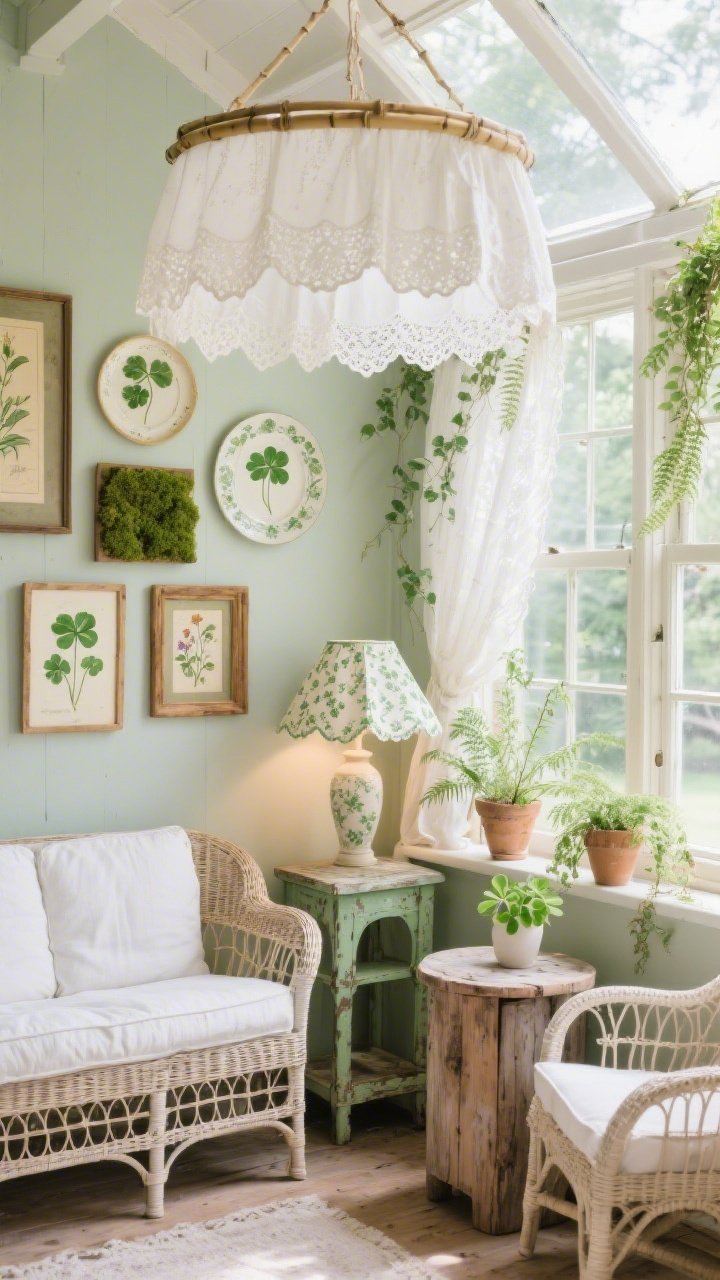 Medium-wide corner angle: A cottage sunroom bathed in gentle morning light with a gauzy lace canopy suspended from a bamboo hoop over a wicker settee, draping like a cloud. Along the main wall, mismatched wooden frames display vintage botanical plates—clover species, mosses, and watercolor wildflowers. Breezy furniture: whitewashed rattan chairs, a pine side table, and a chippy green plant stand. Window ledges are clustered with ivy, maidenhair fern, and potted shamrock that spill into the view. A scalloped lampshade in ditsy green floral glows softly. Color palette: sage, buttercream, soft white, honeyed wood. Textures: rattan, lace, linen, matte ceramic. Natural daylight, airy feel. Photorealistic, no people.