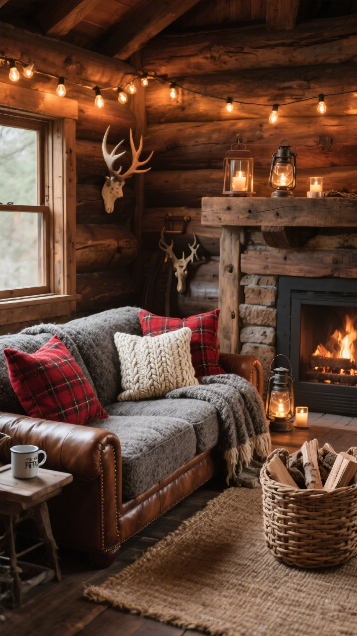 Medium-wide, cozy corner view: A handsome leather sofa (or chunky gray tweed couch) piled with red-and-cream plaid pillows, cable-knit cushions, and a heavy wool throw; warm Edison-bulb string lights swagged over a reclaimed-wood mantel; vintage lanterns on the hearth with battery tea lights glowing; a large woven basket of firewood beside a jute rug; subtle decor like antler-inspired hooks and enamel mugs on a side table; palette of deep red, cream, walnut brown, and charcoal; textures of wool, leather, raw wood, and jute; photorealistic, warm cabin glow.