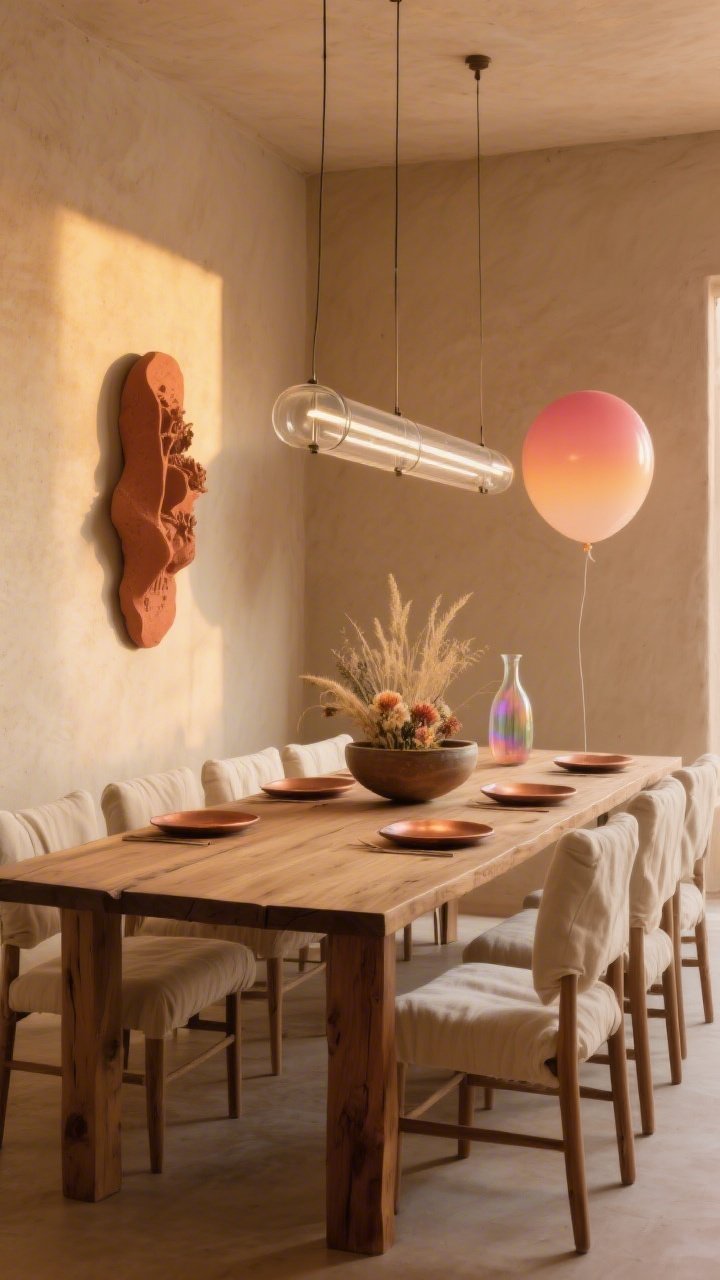 Medium-wide dining room, desert minimalist, late-evening golden-hour ambiance: smooth plaster walls in warm sand, long raw oak table, low-profile linen slipcovered chairs in bone. Linear smoked-glass pendant runs length of table, dimmed. Narrow beam spotlights create shadow play on a clay wall sculpture. In a corner, a balloon “sunset” gradation from terracotta to blush to pale apricot forms a soft horizon. Table styled minimally with hammered copper chargers and a subtly iridescent glass carafe; centerpiece is a low ceramic bowl with desert blooms and dried grasses. Textures: plaster, raw oak, nubby linen, matte stoneware. Straight-on view. Palette: sand, terracotta, bone, burnt apricot. Photorealistic.