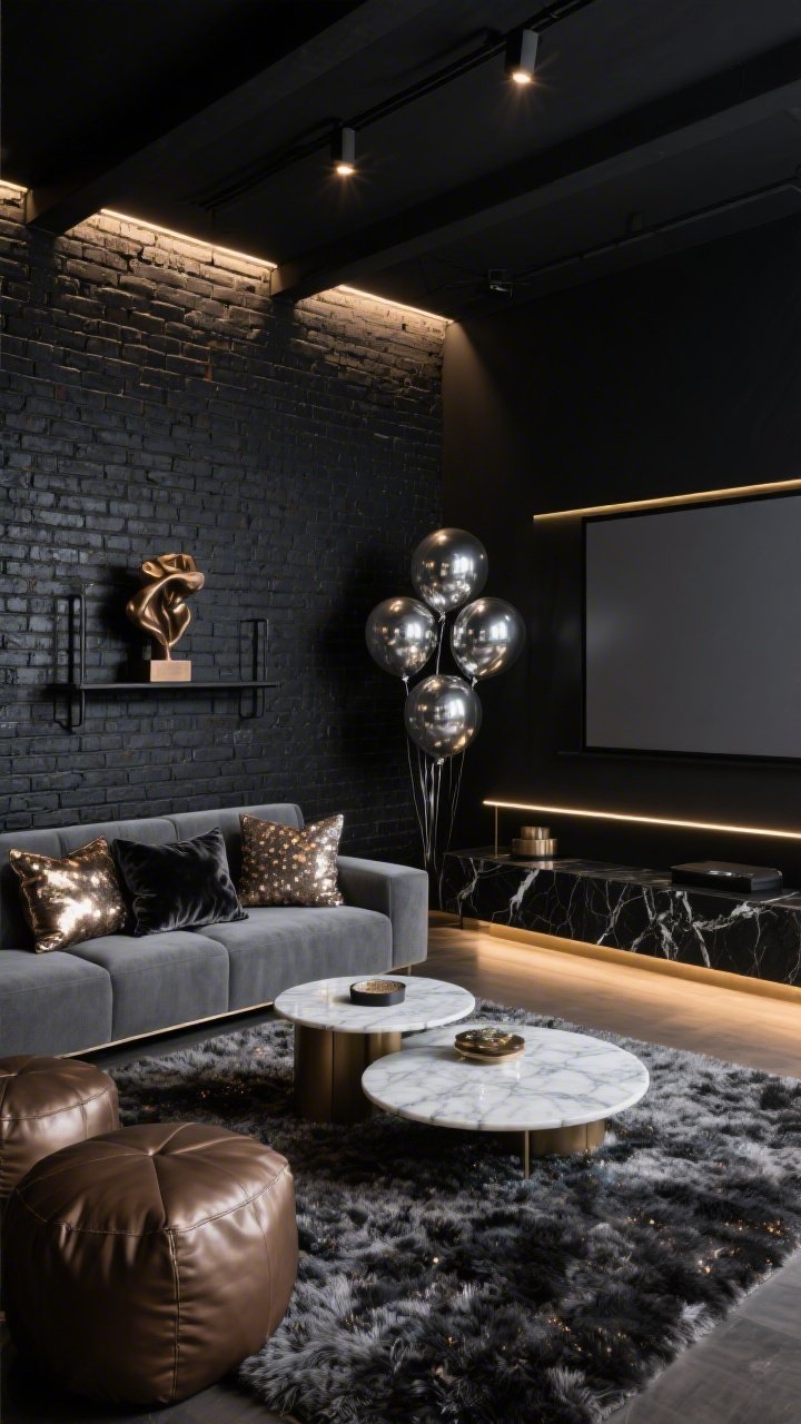 Medium-wide industrial-glam media room, cinematic low-light: exposed brick and matte black walls, low graphite sectional with sink-in depth. Backlit onyx console under the screen emits a soft golden edge; cove LEDs trace ceiling beams; pinspot track isolates a bronze sculpture on a blackened steel shelf. Moody chrome orb balloons gather in a corner like a futuristic installation. Crushed velvet throw pillows and a metallic-flecked shag rug add unexpected sparkle. Leather poufs and marble-topped nesting coffee tables complete the scene. Palette: graphite, black, bronze, smoked glass. Straight-on with subtle vignette, photorealistic.