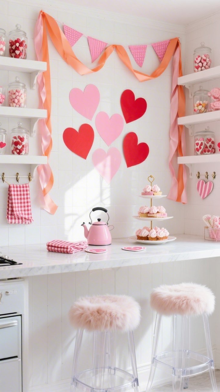 Medium-wide kitchen pop-up: bright white kitchen turned Valentine’s sweet shop; over the breakfast bar, bunting of oversized paper hearts in bubblegum pink, cherry red, and sherbet orange; satin ribbons tumble down the sides of open shelves where glass apothecary jars hold candy hearts and meringues; acrylic bar stools with plush faux-fur pads at the counter; a three-tier dessert stand and pink-enameled kettle create a charming vignette; striped tea towels, gingham napkins, heart-shaped coasters; removable hooks dangle ribbons framing the backsplash like a stage curtain; daytime natural light, photorealistic, straight-on view.