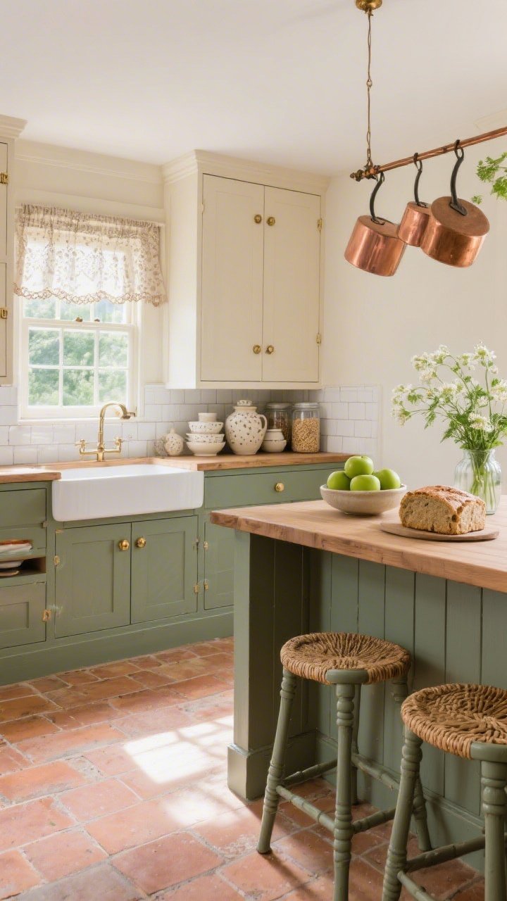 Medium-wide kitchen shot from a corner angle of “The Meadow-Morning Kitchen”: buttermilk cream cabinets with exposed brass hinges, a farmhouse sink under a small window with lace café curtains fluttering; an island in heather green with tongue-and-groove paneling and oiled oak top; open shelves holding speckled pottery, stacked creamware, and glass jars of oats and tea; hand-pressed milk-glass white subway tile backsplash; terracotta tile floors with soft chalky patina; painted spindle stools with woven rush seats; a copper pot rail overhead; a bowl of green apples, a loaf of soda bread, and a vase of cow parsley; bright natural morning light, photorealistic.