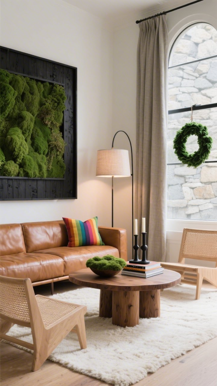 Medium-wide living room corner shot with organic calm and subtle drama: caramel leather low sofa on a cream wool rug facing a chunky rounded-edge oak coffee table; behind the sofa, a large faux moss wall panel framed in matte black wood as a focal point; opposite wall features a large airy window with stone-colored linen drapes, and in the window hangs a velvet emerald wreath for tonal texture; decor on table includes a moss bowl centerpiece, black candlesticks, and stacked art books; two pale oak accent chairs with woven seats flank the scene; a rainbow-striped lumbar pillow on the sofa adds a playful echo; arched floor lamp with linen shade creating soft pools of light; palette caramel, cream, moss green, matte black; photorealistic, no people.