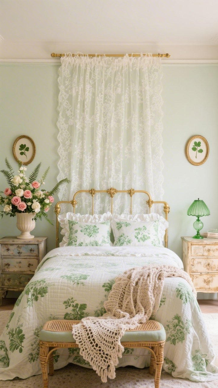 Medium-wide, straight-on to the bed: A romantic bedroom with a floor-length lace panel mounted behind the bed as a soft headboard, framed by narrow gilded molding. The bed is dressed in block-printed green floral sheets, an ivory quilt, and a ruffled throw. Mismatched antique nightstands flank the bed, each topped with a green-glass lamp and a small oval frame holding a pressed shamrock. On the dresser, a footed urn overflows with garden roses, lisianthus, and fern fronds. A crocheted throw is casually draped over a caned bench at the foot of the bed. Color palette: celadon, cream, antique gold, dusty rose. Textures: lace, washed linen, brushed gold, blown glass, cane. Gentle morning light for a dreamy mood. Photorealistic, no people.