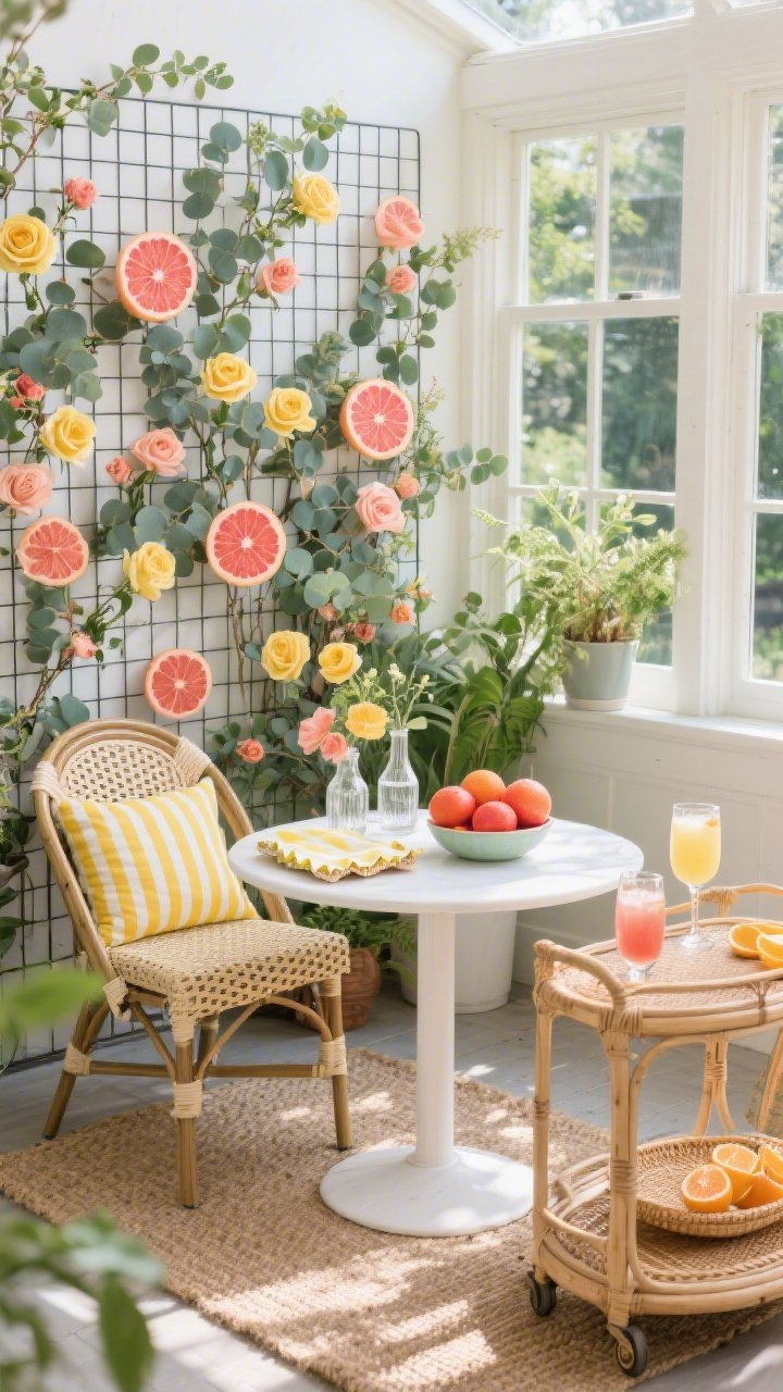 Medium-wide sunroom shot, corner angle: A sunlit conservatory nook filled with plants, a white bistro table and woven rattan chairs with lemon-striped cushions on a jute rug. The wire grid backdrop overflows with eucalyptus and coral, peach, and butter-yellow roses; slices of dried grapefruit and orange are clipped among the stems for a citrus punch. A cane bar cart holds mimosas; a bowl of blood oranges sits on the table next to clear glass bud vases and rattan trays with scalloped napkins. Palette: coral, peach, butter yellow, sage, white. Photorealistic, bright natural daylight with soft shadows.