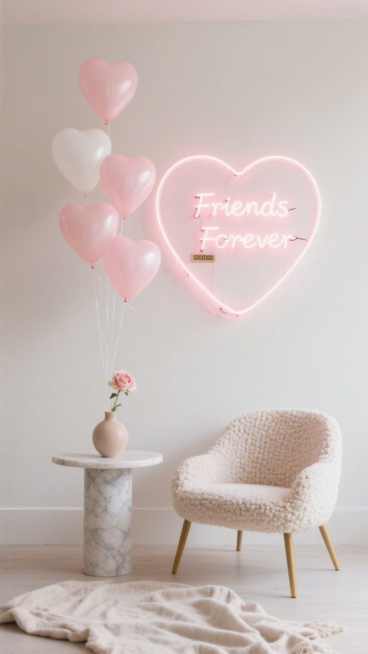 Minimalist straight-on medium shot: Monochrome scene with a soft blush or bone-white wall. One oversized white or warm-pink neon heart with a tiny “Friends Forever” neon tag just below. Only five to seven heart balloons in a single tone (matte blush or pearl white) float on invisible fishing line like art. A curved boucle chair, marble pedestal side table, and a single ceramic bud vase with one ranunculus. Linen floor throw softens edges. Palette: blush, bone, soft gold; materials: boucle, marble, matte latex balloons. Calm, diffused lighting; clean lines. Photorealistic.