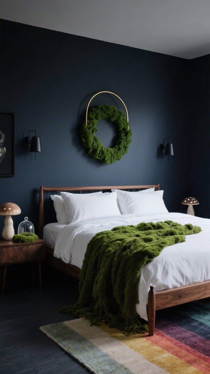 Moody bedroom, medium straight-on shot of the bed wall: deep blue-black painted walls, walnut bed frame with crisp white hotel bedding; at the foot, an oversized mossy green throw adding earthy coziness; above the headboard, a centered modern emerald wreath within a thin brass ring, flanked by minimal black sconces; a low-pile muted rainbow ombré rug peeking from under the bed; nightstand detail includes a small faux moss dome under a glass cloche beside a smoky glass catchall; accents of ceramic mushroom lamps and black-framed art visible in frame; soft, dim, atmospheric lighting; photorealistic, no people.