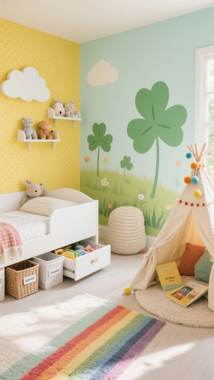 Overhead/detail hybrid shot of a playful kids’ room corner: buttery-yellow temporary wallpaper with micro dots as the backdrop, and a soft-mint removable clover mural spanning one wall as a meadow. Focus on a white storage bed with pull-out drawers partially open showing labeled baskets and low bins, alongside a rainbow-striped cotton rug. Include cloud-shaped wall shelves with a few plush animals, a knit blanket, and a tented reading nook with a pom-pom canopy and floor cushion nearby. Bright, cheerful daylight, soft textures emphasized.