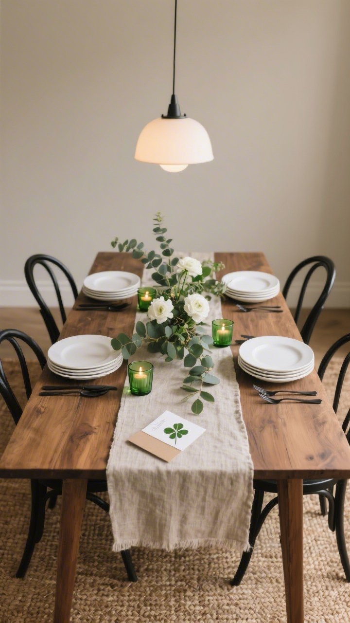Overhead detail of dining tablescape with warm, even pendant light: rectangular oak dining table surface with a stonewashed flax table runner; stacked white plates and matte black flatware arranged minimally; low floral arrangement down the center with eucalyptus and white ranunculus; tiny green glass tea lights placed sparingly; individual place cards with a pressed clover tucked into a slit of cardstock; hints of sculptural black wishbone chair backs and a woven natural rug below; greige wall softly blurred in background. Palette: greige, oak, black, white, eucalyptus green. Photorealistic, refined and understated.